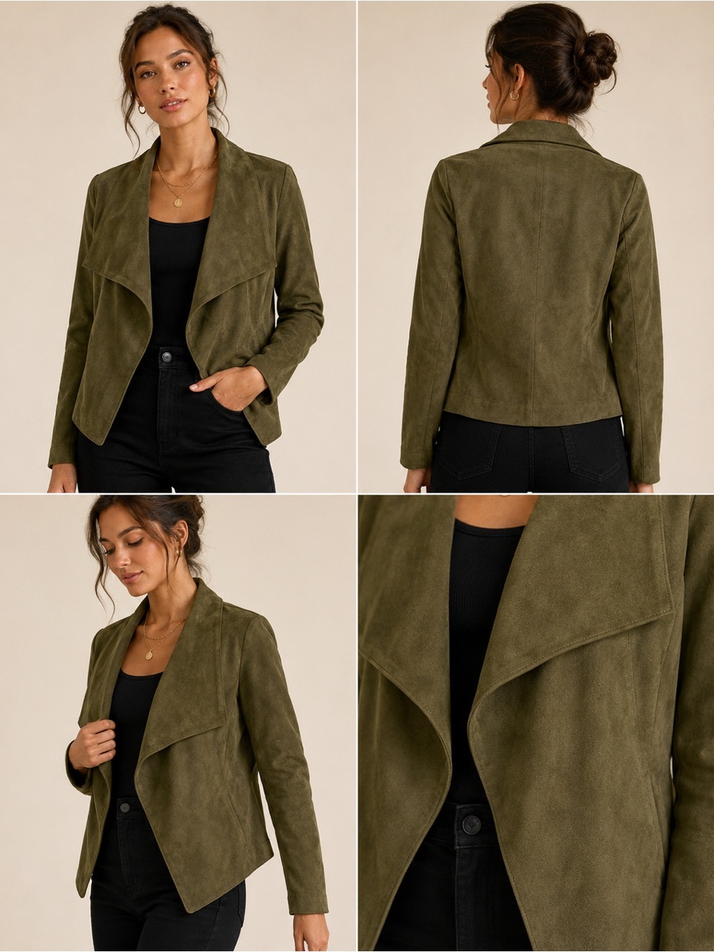 Olive Draped Open-Front Suede-Look Jacket - Unknown Brand